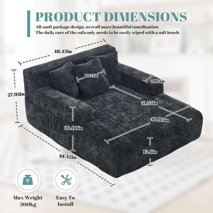 Chenille Interior Lazy Sofa Chaise Longue Armchair With 3 Pillows And Armrests