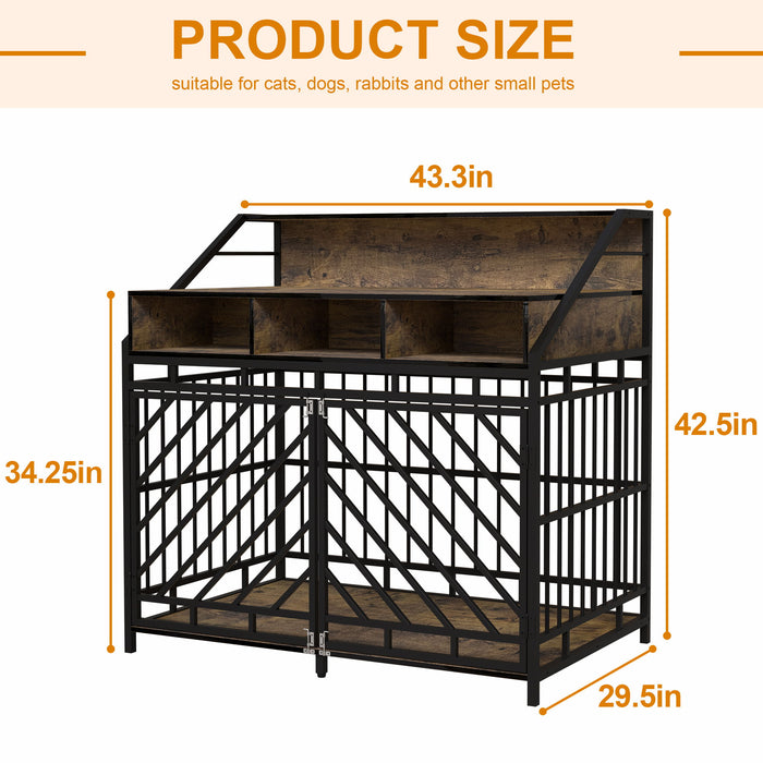 Wooden Dog Crate Furniture With Divider And Storage Drawers For Large Dogs - Rustic Brown