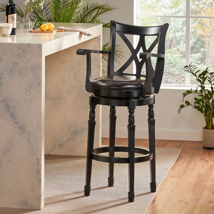 Elegant Leather Swivel Bar Stool With Arms - Espresso