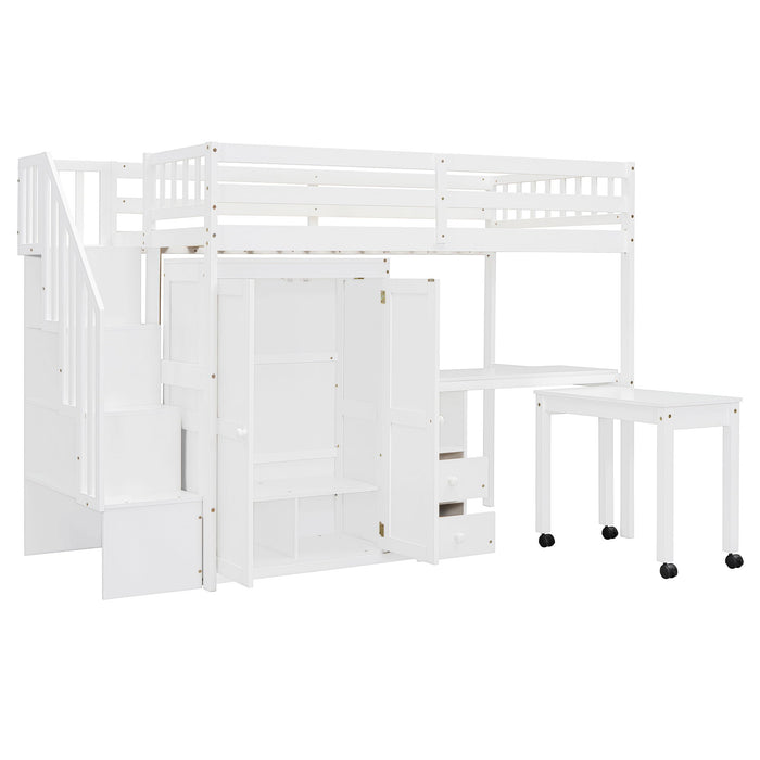 Loft Bed With Stairs, Bookshelf, Drawers, Desk & Wardrobe, Space Saving Multifunctional Furniture