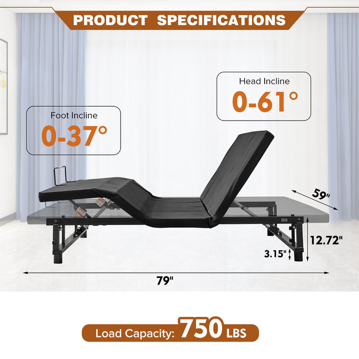 Adjustable Bed Base Frame With Head And Foot Incline Quiet Motor Zero Gravity