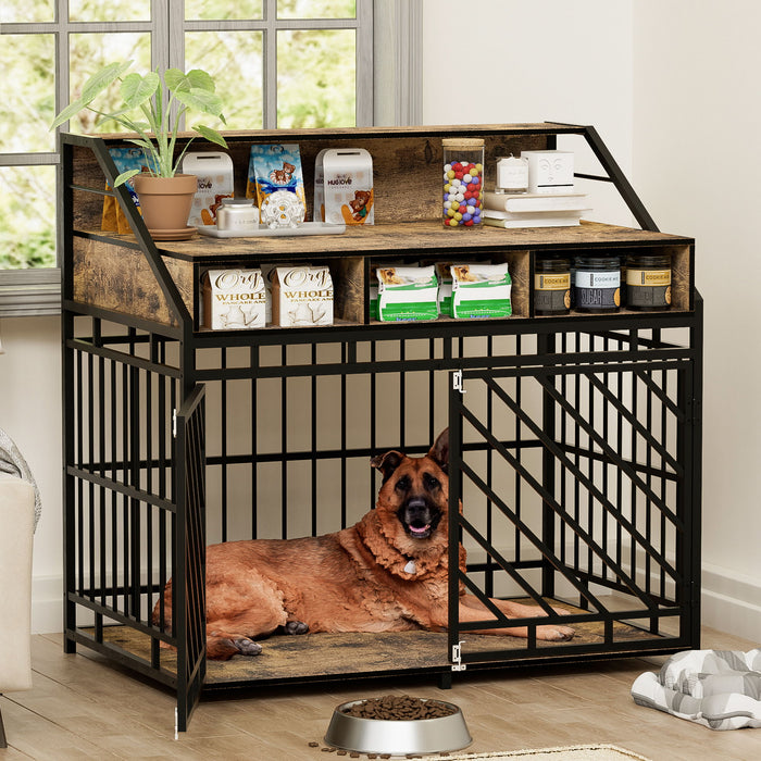 Wooden Dog Crate Furniture With Divider And Storage Drawers For Large Dogs - Rustic Brown