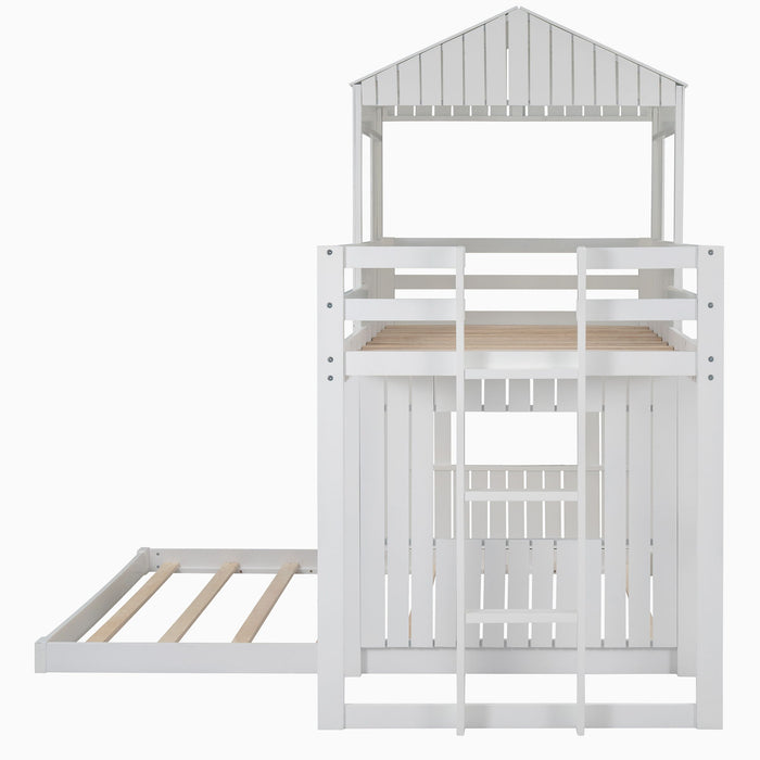 Twin Over Full Bunk Bed, With Playhouse, Farmhouse, Ladder And Guardrails - White
