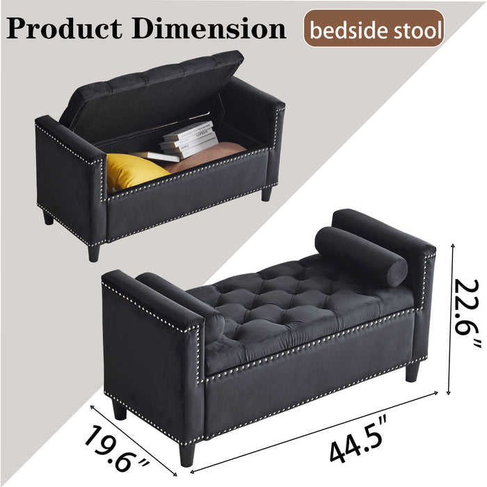Queen Velvet Button Bedside Storage Bench With Armrests, Nailhead Trim