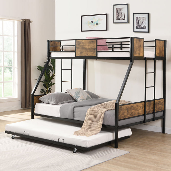 Twin Over Full Modern Metal Bunk Bed With Trundle And Dual Side Ladder And Metal Design - Black / Brown