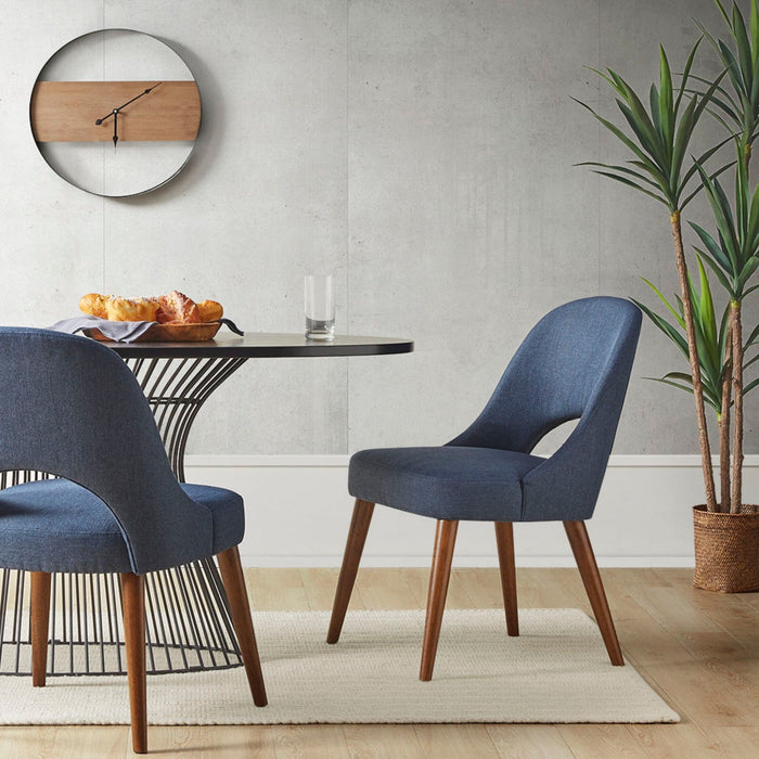 Dining Side Chair Upholstered Textured Fabric With Pecan Solid Wood Legs (Set of 2) - Navy