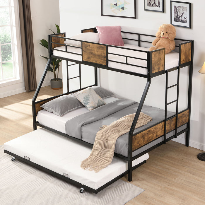 Twin Over Full Modern Metal Bunk Bed With Trundle And Dual Side Ladder And Metal Design - Black / Brown