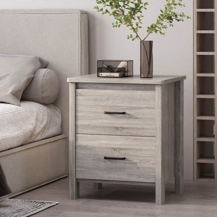 Wood Nightstand With 2 Drawers And Metal Handle - Oak