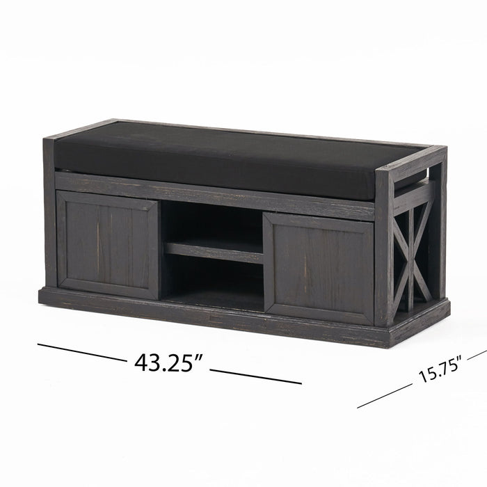 Wood Bench With 2 Open Shelves And Water Resistant Cushion - Dark Gray