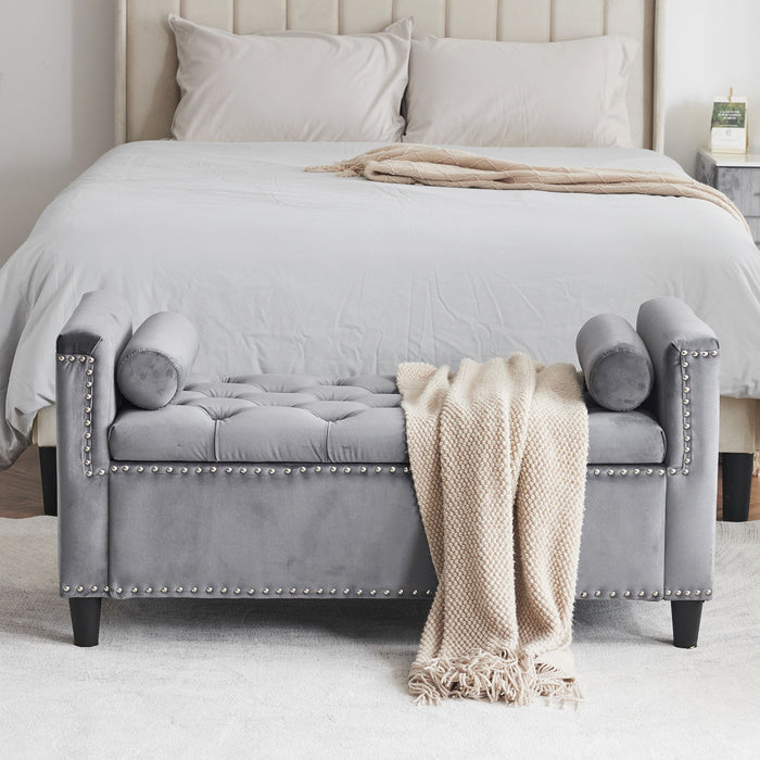 Queen Velvet Button Bedside Storage Bench With Armrests, Nailhead Trim