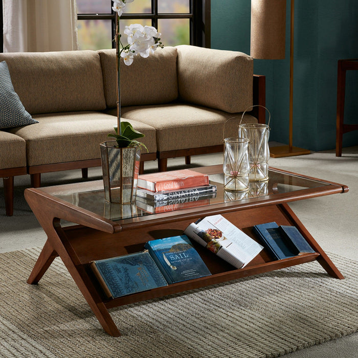 Coffee Table With Tempered Glass Top, Solid Wood Frame - Pecan